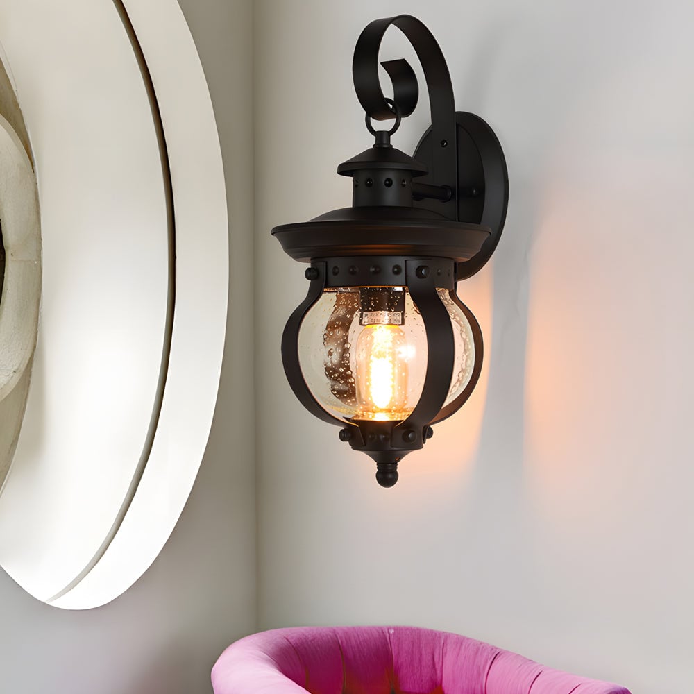 1-Light Seeded Glass Globe LED Outdoor Wall Lantern with Curved Arm - Lumpaz