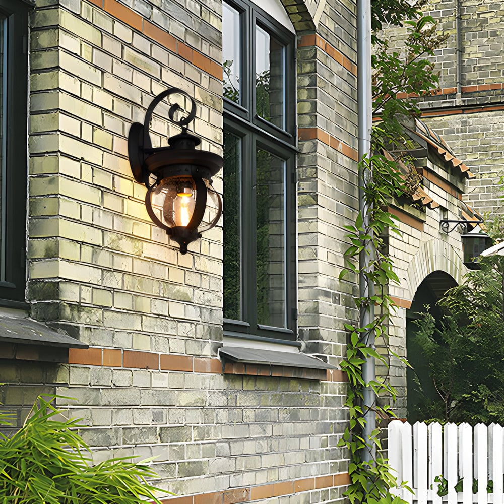 1-Light Seeded Glass Globe LED Outdoor Wall Lantern with Curved Arm - Lumpaz