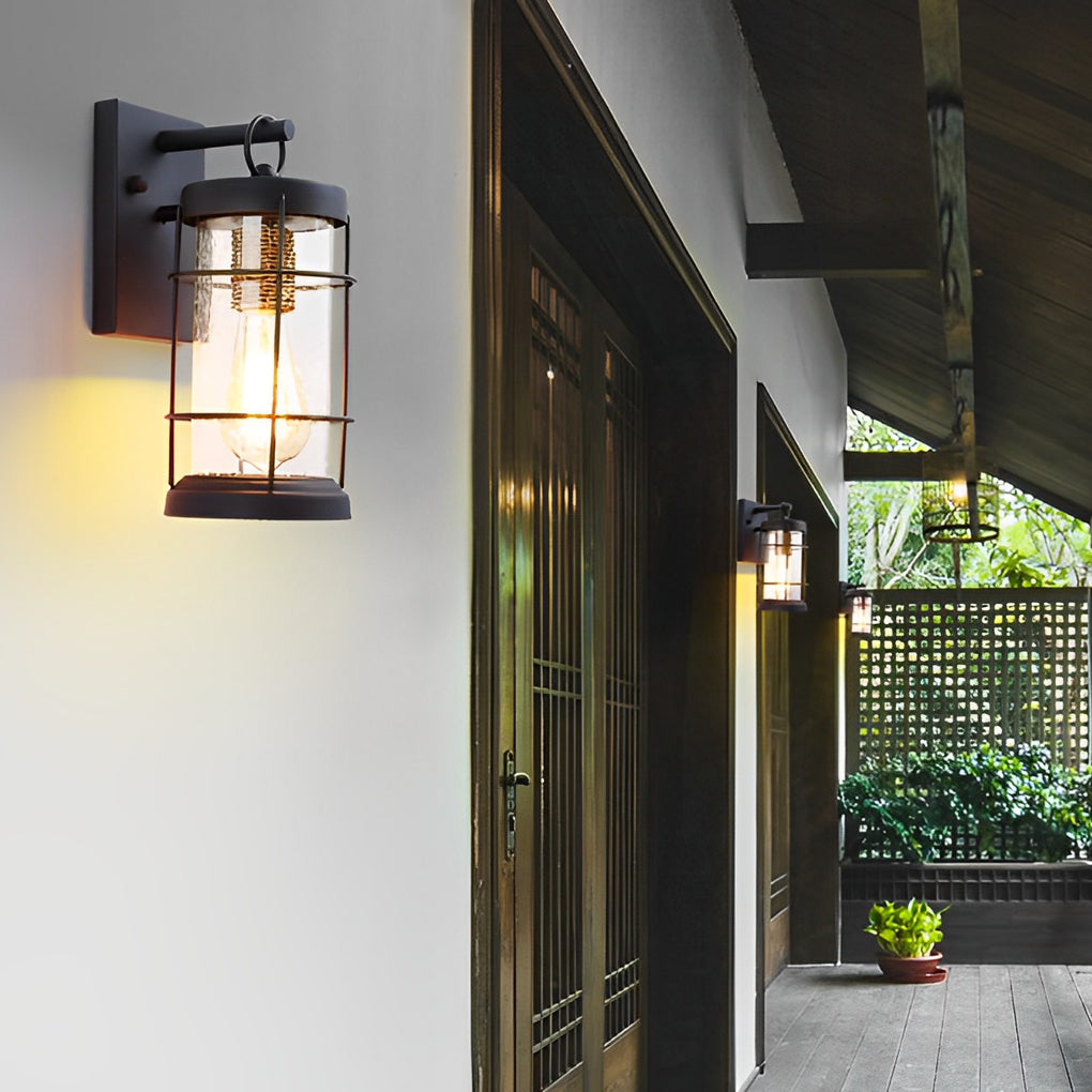 Waterproof Iron Glass Lantern Black Retro Rustic Exterior Wall Lights - Lumpaz
