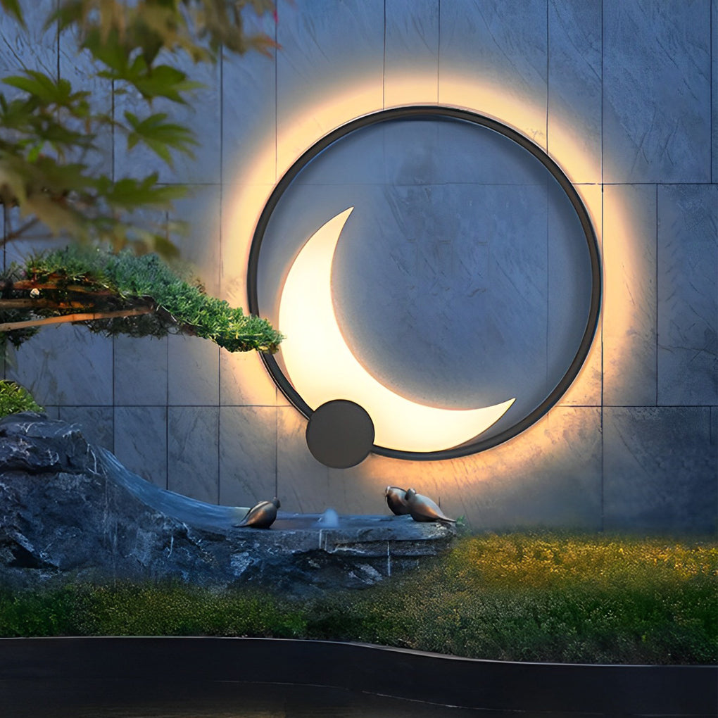 Round Moon Waterproof Black LED Wall Sconce Lighting Outdoor Wall Lamp - Lumpaz