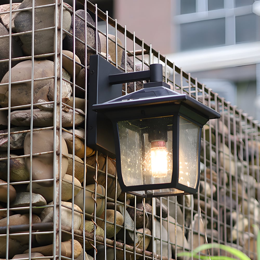 Square Waterproof Aluminum Glass Black Retro Solar Outdoor Wall Lights - Lumpaz