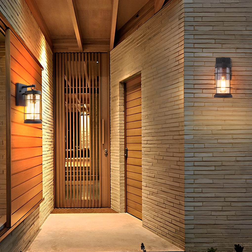 Waterproof Iron Glass Lantern Black Retro Rustic Exterior Wall Lights - Lumpaz