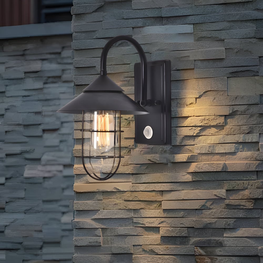 Retro Round Iron Glass Waterproof Motion Sensor Black Outdoor Wall Lights - Lumpaz