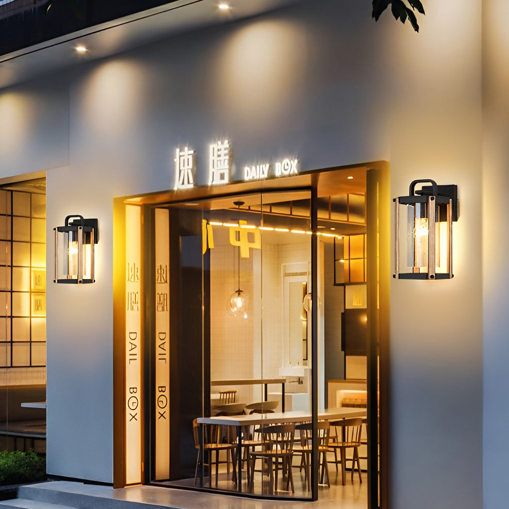 Lantern Shaped Waterproof Glass Black Industrial Outdoor Wall Sconce Lighting - Lumpaz