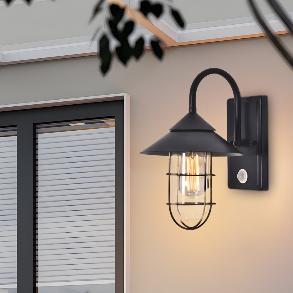 Retro Round Iron Glass Waterproof Motion Sensor Black Outdoor Wall Lights - Lumpaz