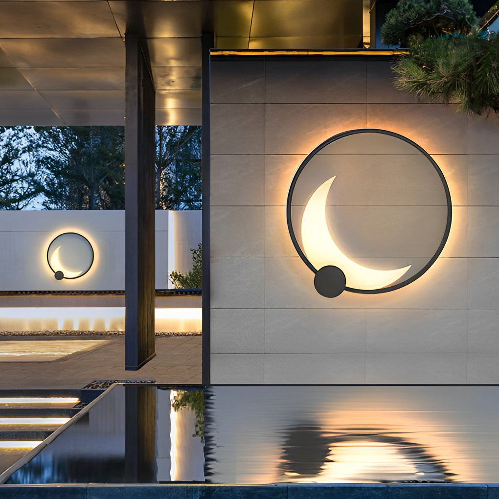 Round Moon Waterproof Black LED Wall Sconce Lighting Outdoor Wall Lamp - Lumpaz