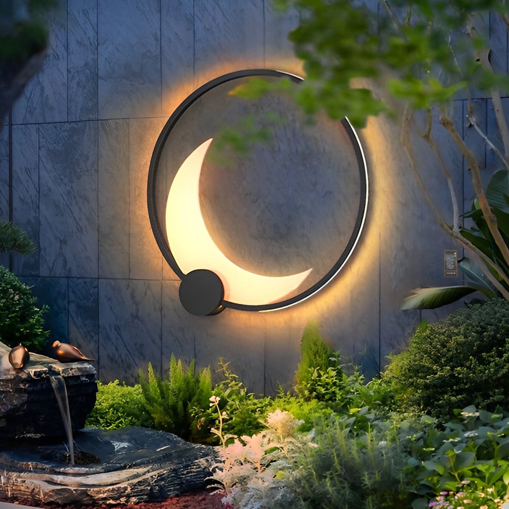 Round Moon Waterproof Black LED Wall Sconce Lighting Outdoor Wall Lamp - Lumpaz