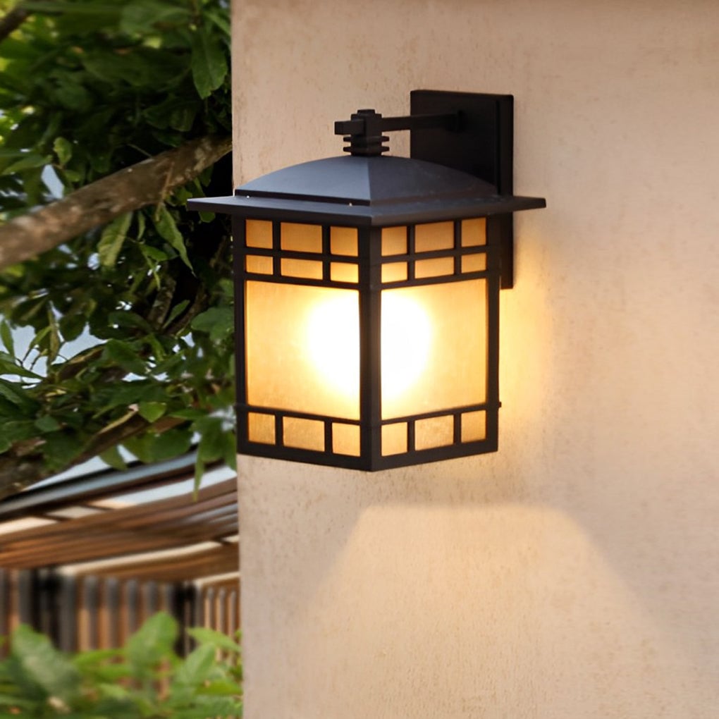 Square Retro Waterproof Yellow Glass Shade Vintage Outdoor Wall Lights - Lumpaz