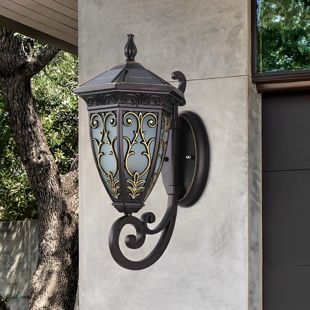 Vintage Flower Pattern Waterproof Black American Style Solar Wall Lamp - Lumpaz