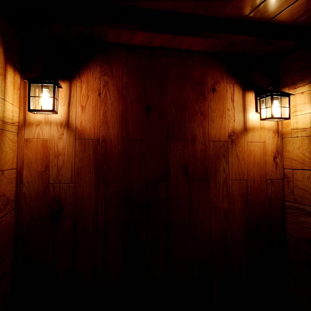 Antique Lantern Shaped Glass Waterproof Black Modern Wall Sconce Lighting - Lumpaz