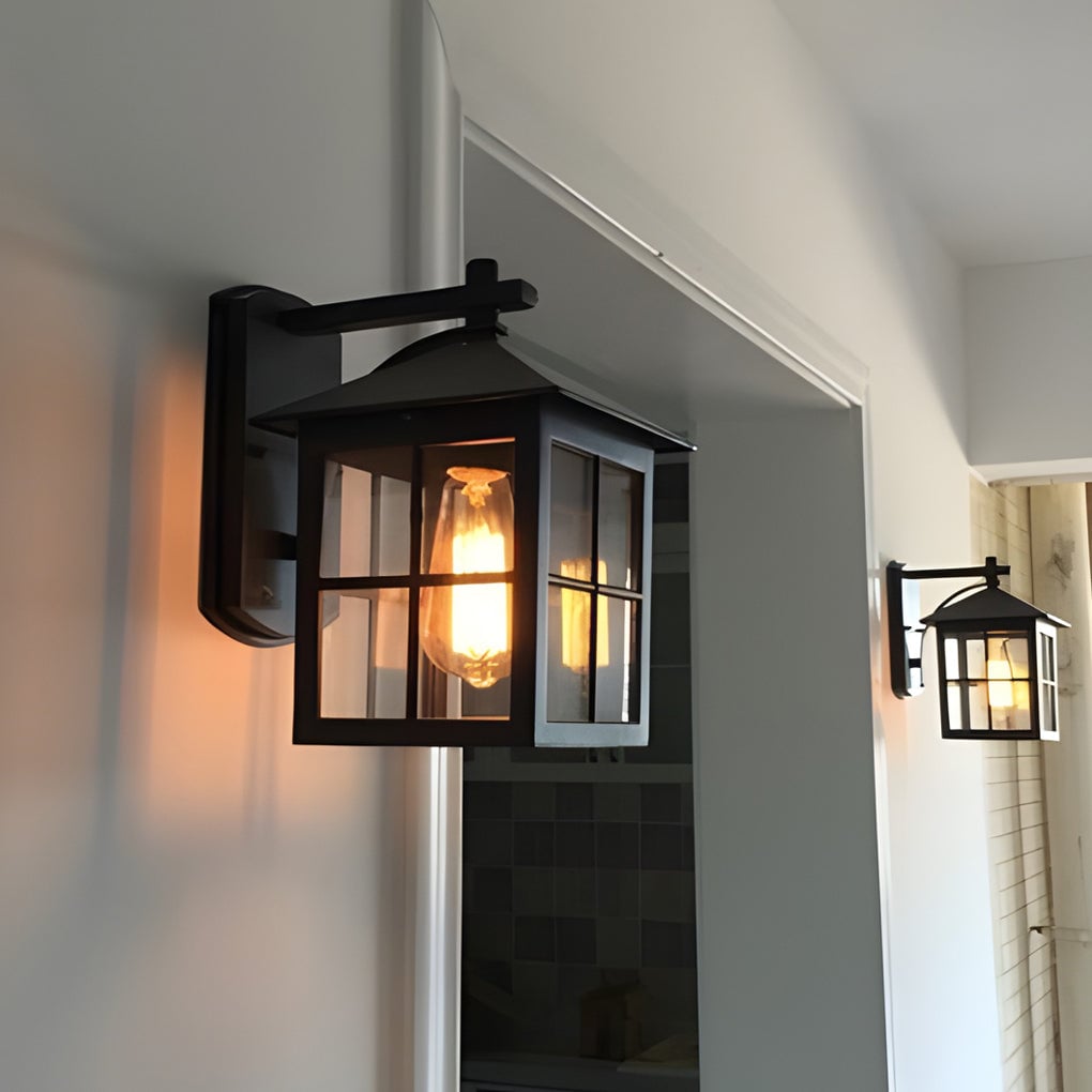 Antique Lantern Shaped Glass Waterproof Black Modern Wall Sconce Lighting - Lumpaz