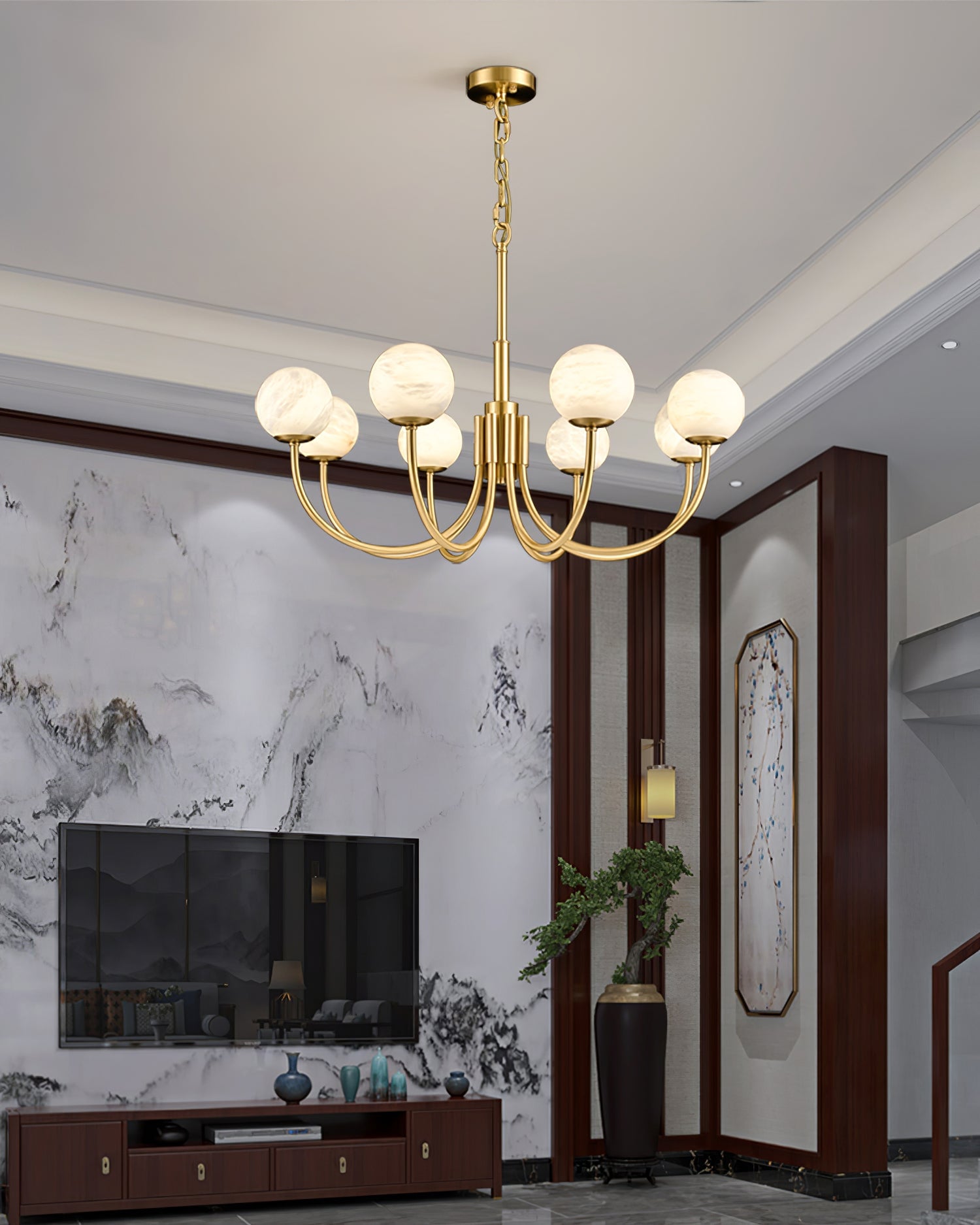 Brass Alabaster Round Chandelier - Lumpaz