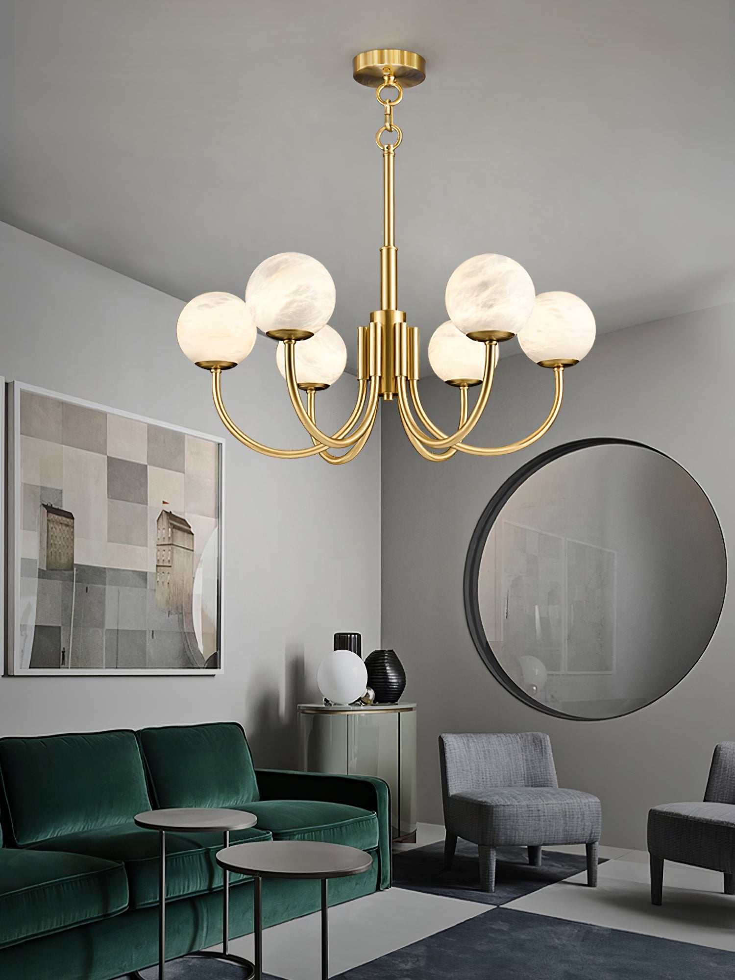 Brass Alabaster Round Chandelier - Lumpaz