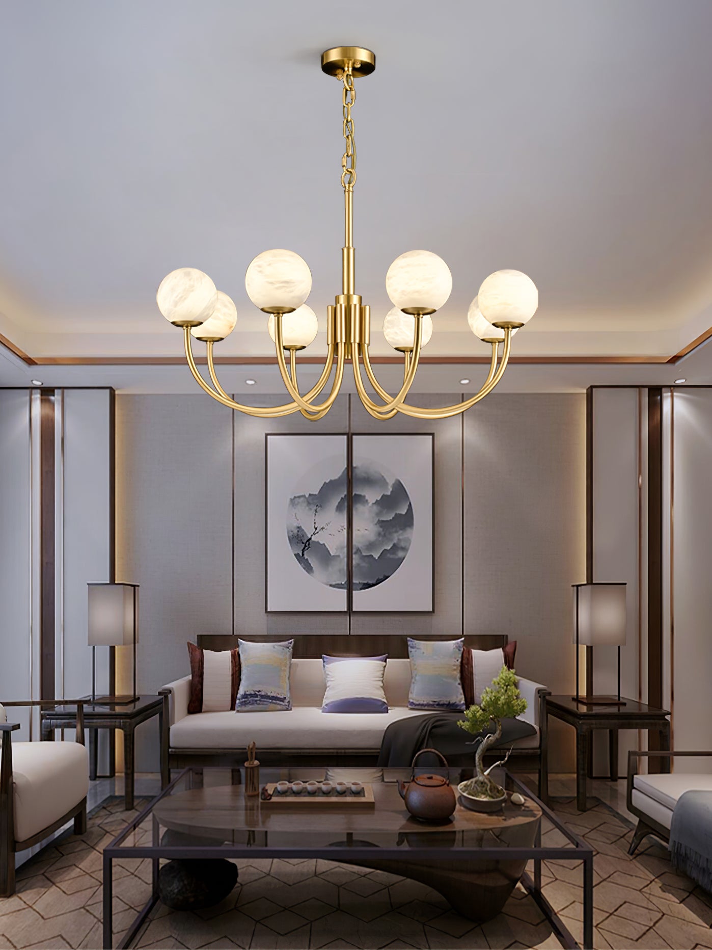 Brass Alabaster Round Chandelier - Lumpaz