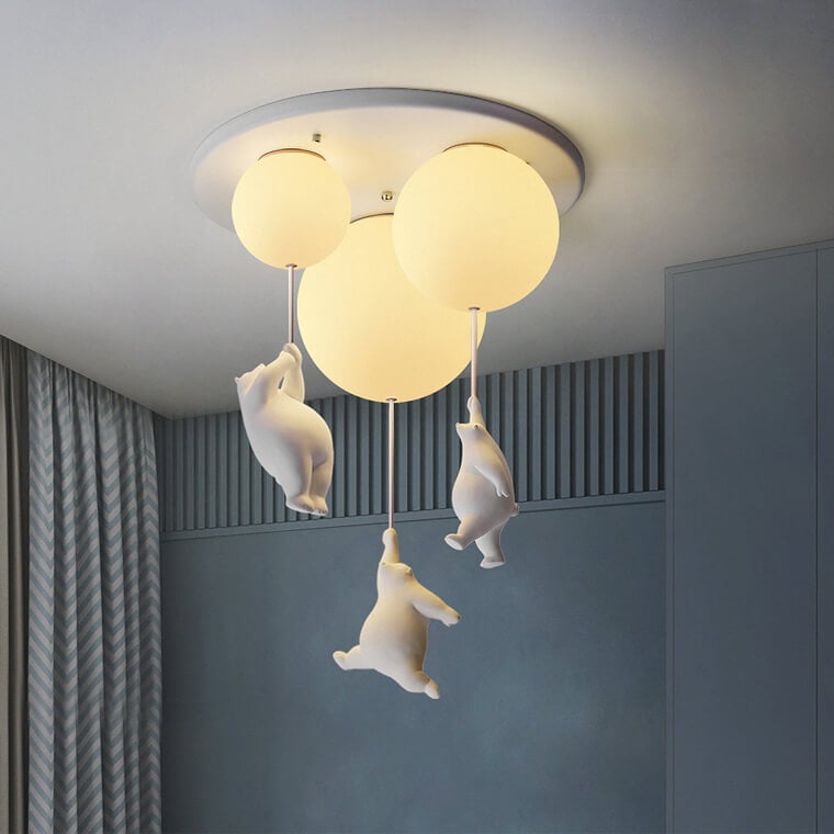 Bear Trio Globe Ceiling Light installed and illuminated
