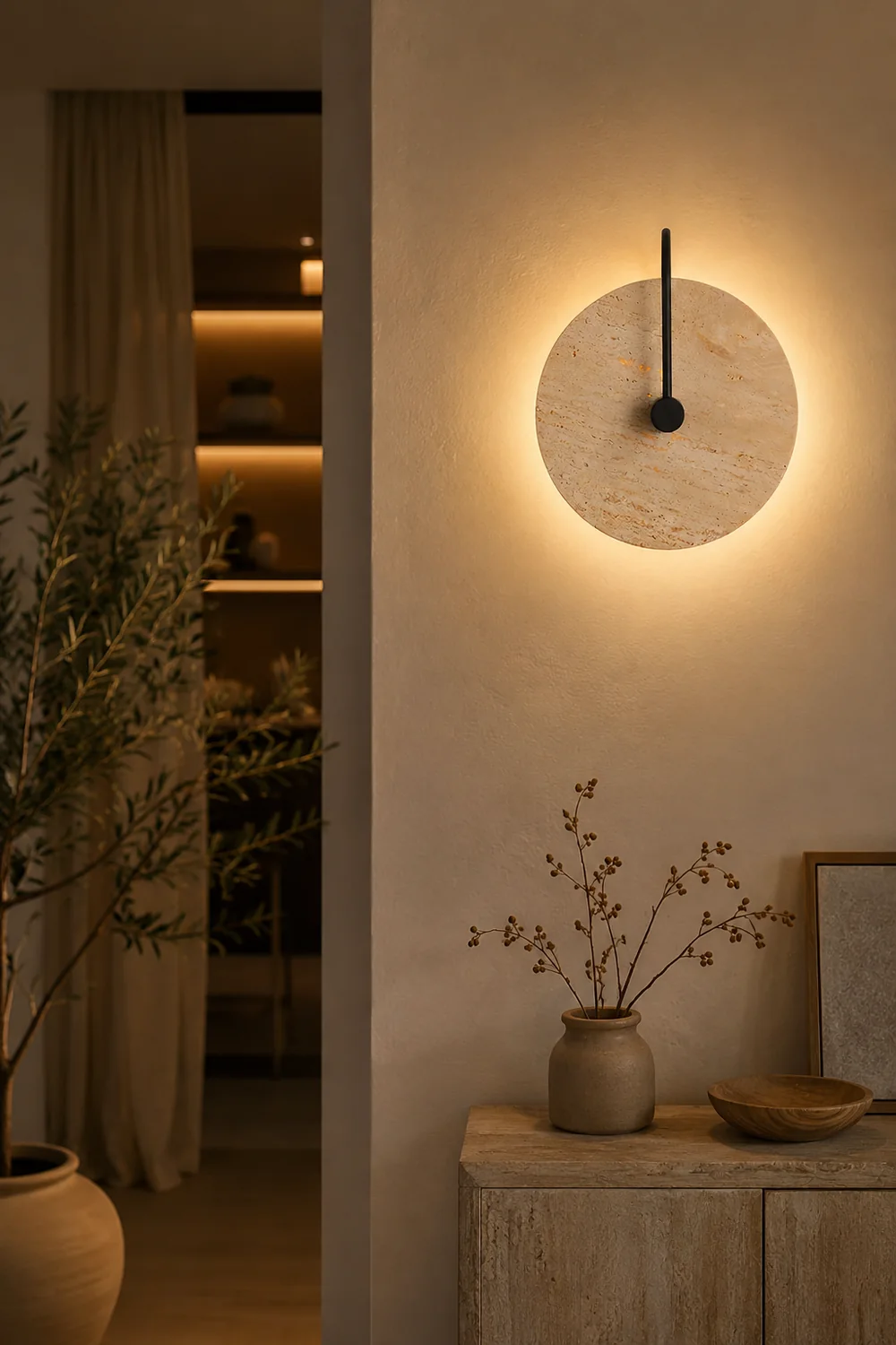 Minimalist Circular Travertine Wall Sconce - Lumpaz