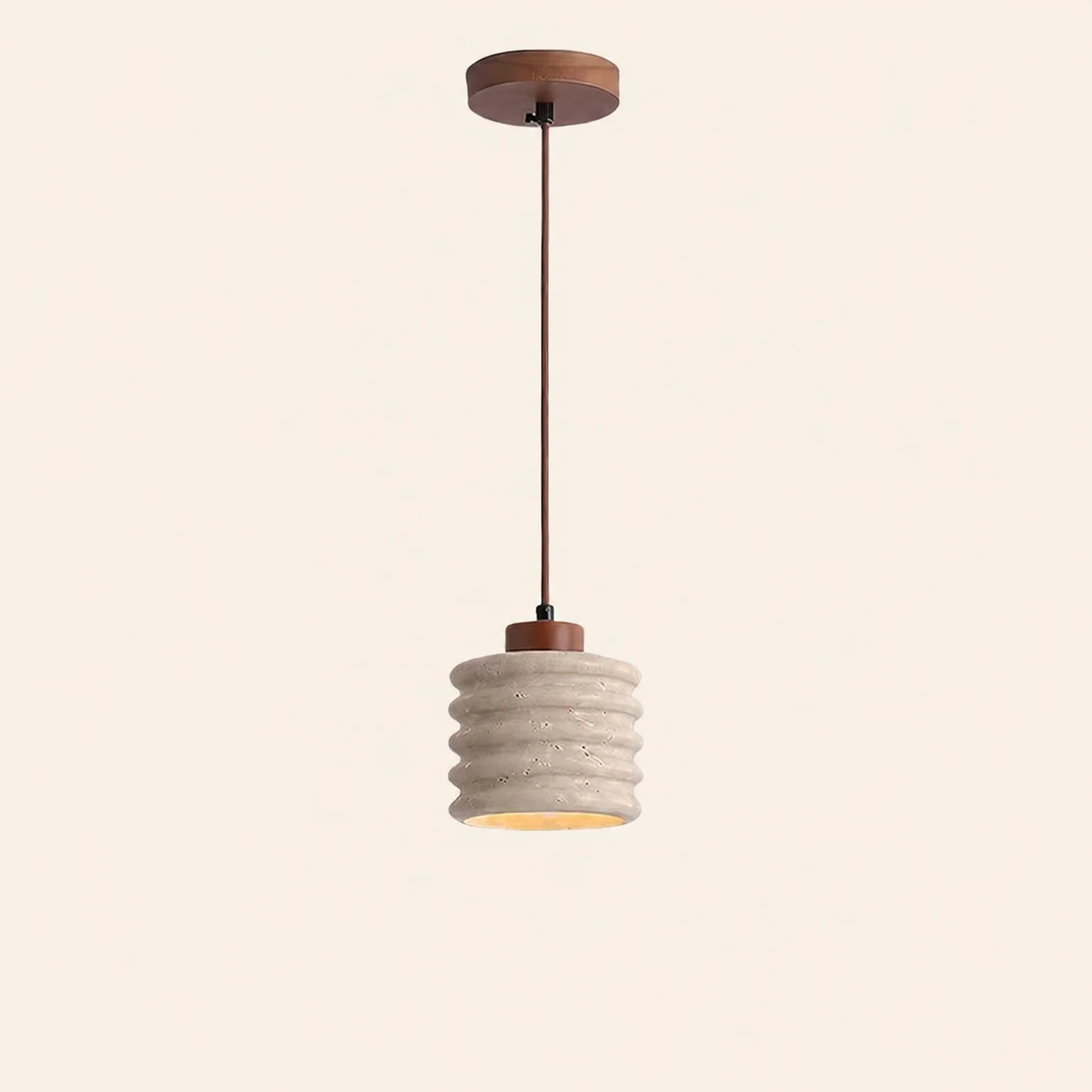Rustic Travertine Cylinder Pendant with Wood Accent - Lumpaz