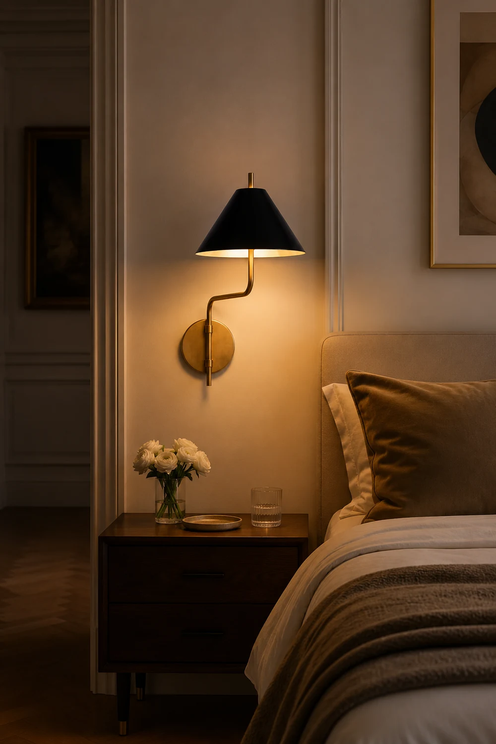 Fabric Lampshade Brass Curved Wall Lamp - Lumpaz