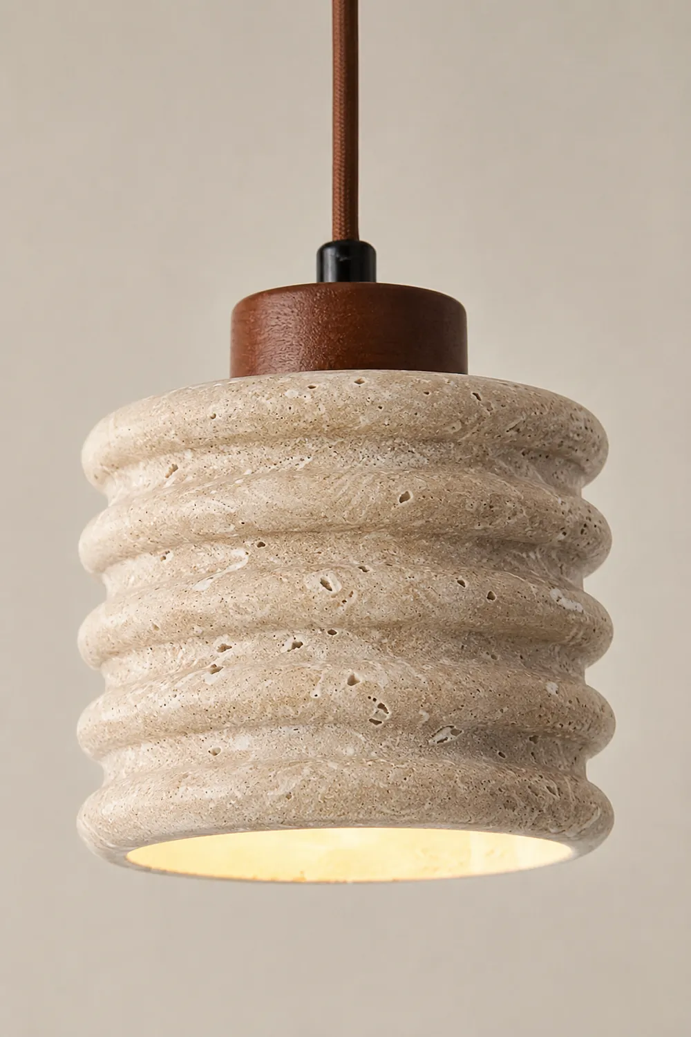 Rustic Travertine Cylinder Pendant with Wood Accent - Lumpaz