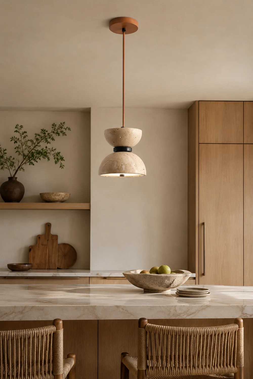 Japanese Style Double Bowl Travertine Pendant Light - Lumpaz