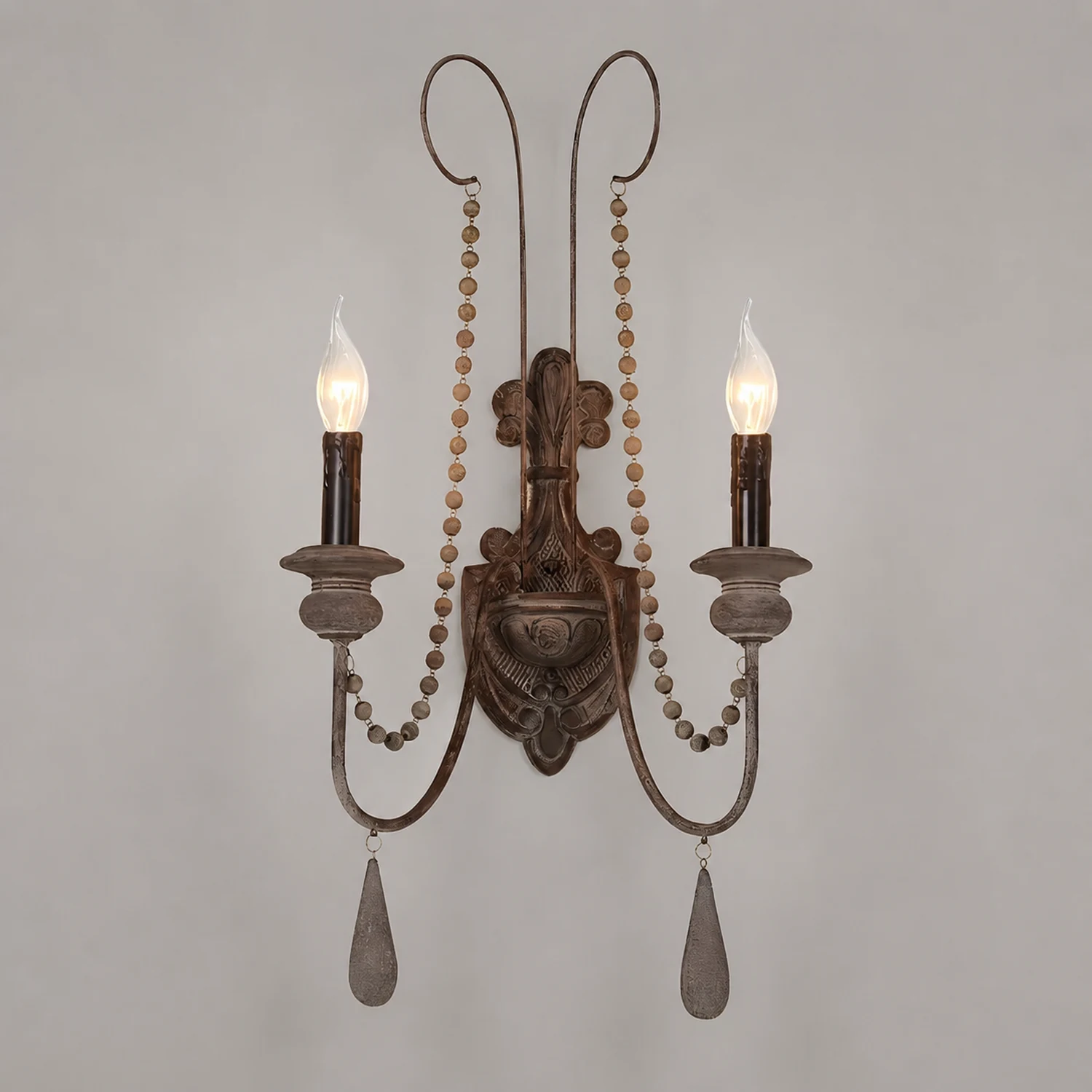 White Metal Wall Sconce with Wood Backplate and 2 Bulbs - Lumpaz