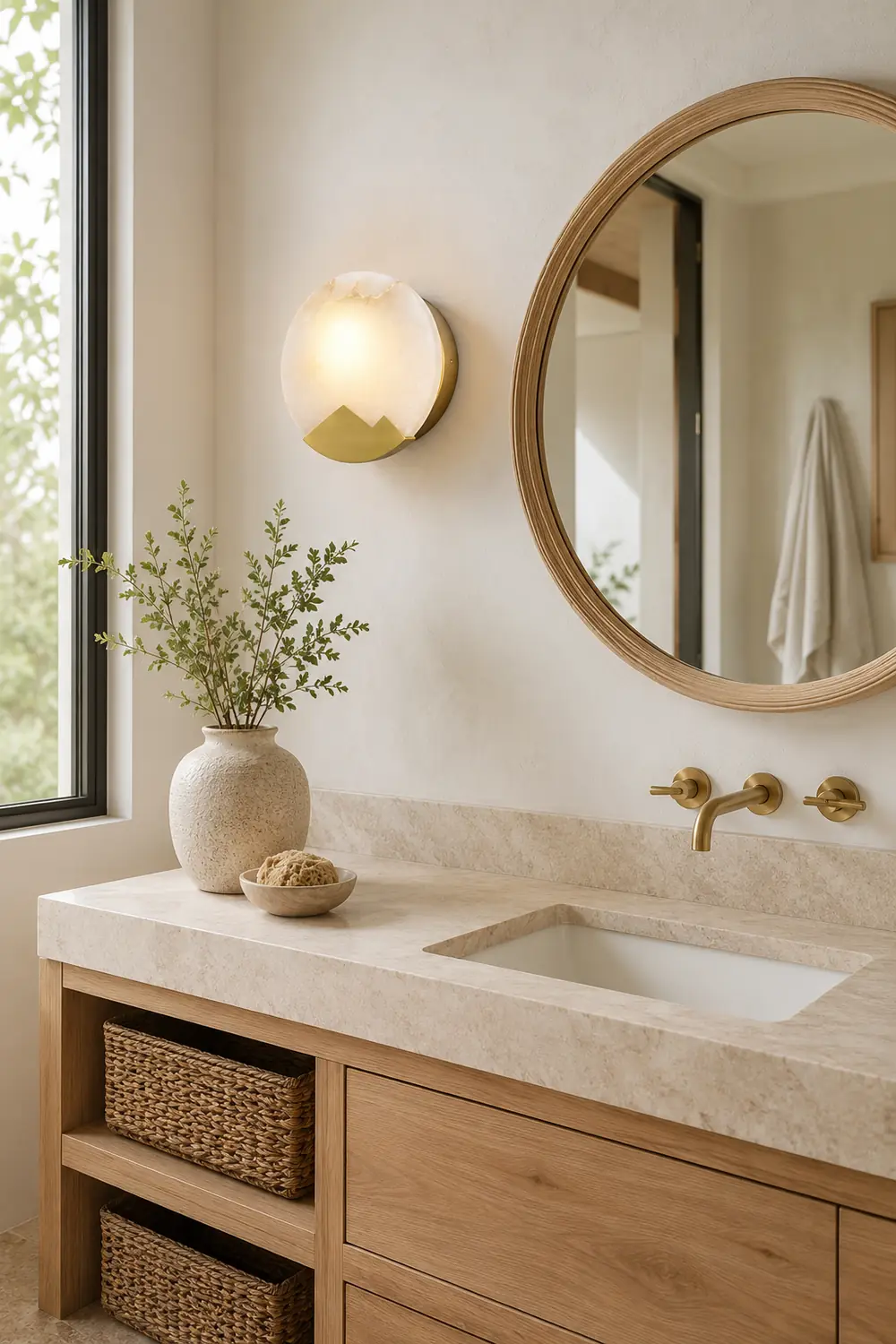 Brass and Alabaster Round Wall Light - Lumpaz