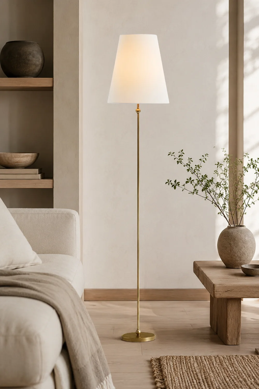 Minimalist Brass Floor Lamp with Fabric Shade - Lumpaz