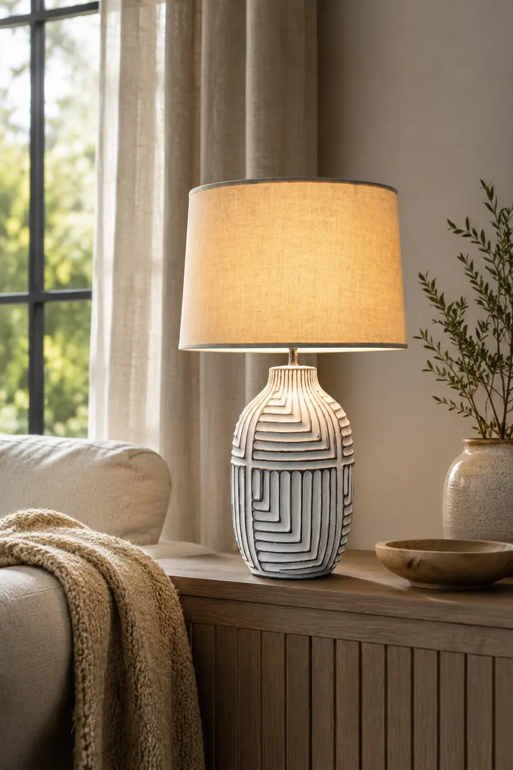 Retro rural woodcarving decorative fabric table lamp - Lumpaz