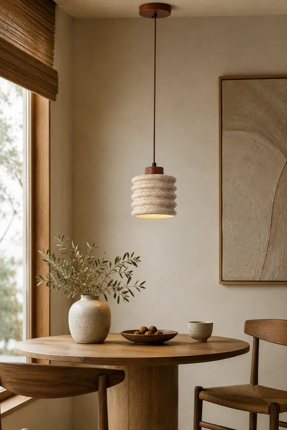 Rustic Travertine Cylinder Pendant with Wood Accent - Lumpaz