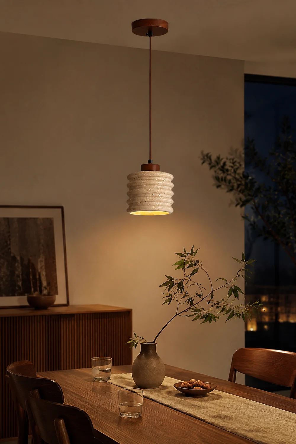 Rustic Travertine Cylinder Pendant with Wood Accent - Lumpaz