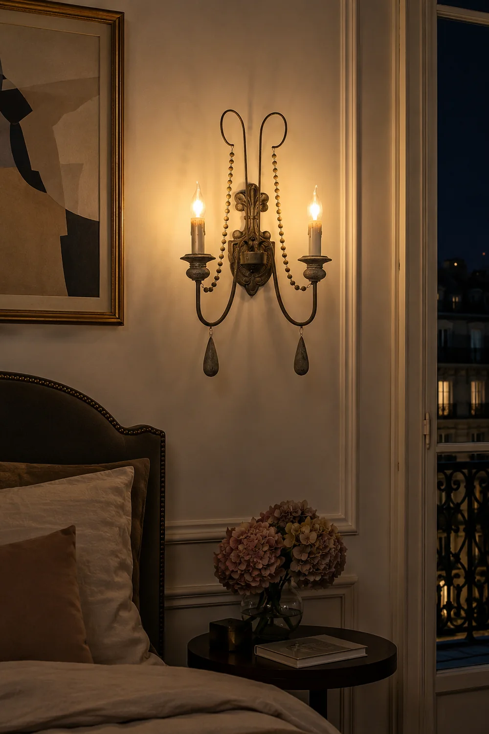 White Metal Wall Sconce with Wood Backplate and 2 Bulbs - Lumpaz