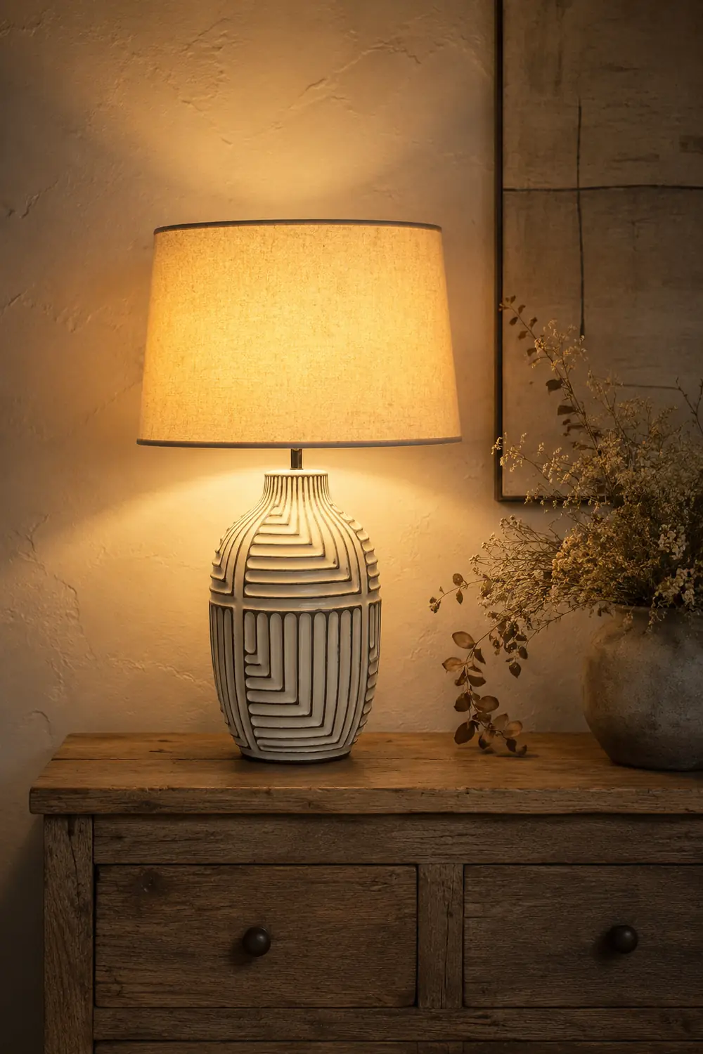 Retro rural woodcarving decorative fabric table lamp - Lumpaz