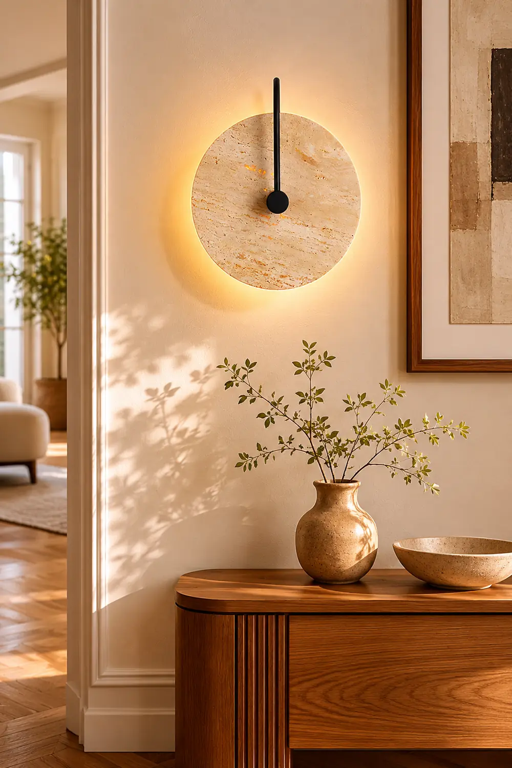 Minimalist Circular Travertine Wall Sconce - Lumpaz