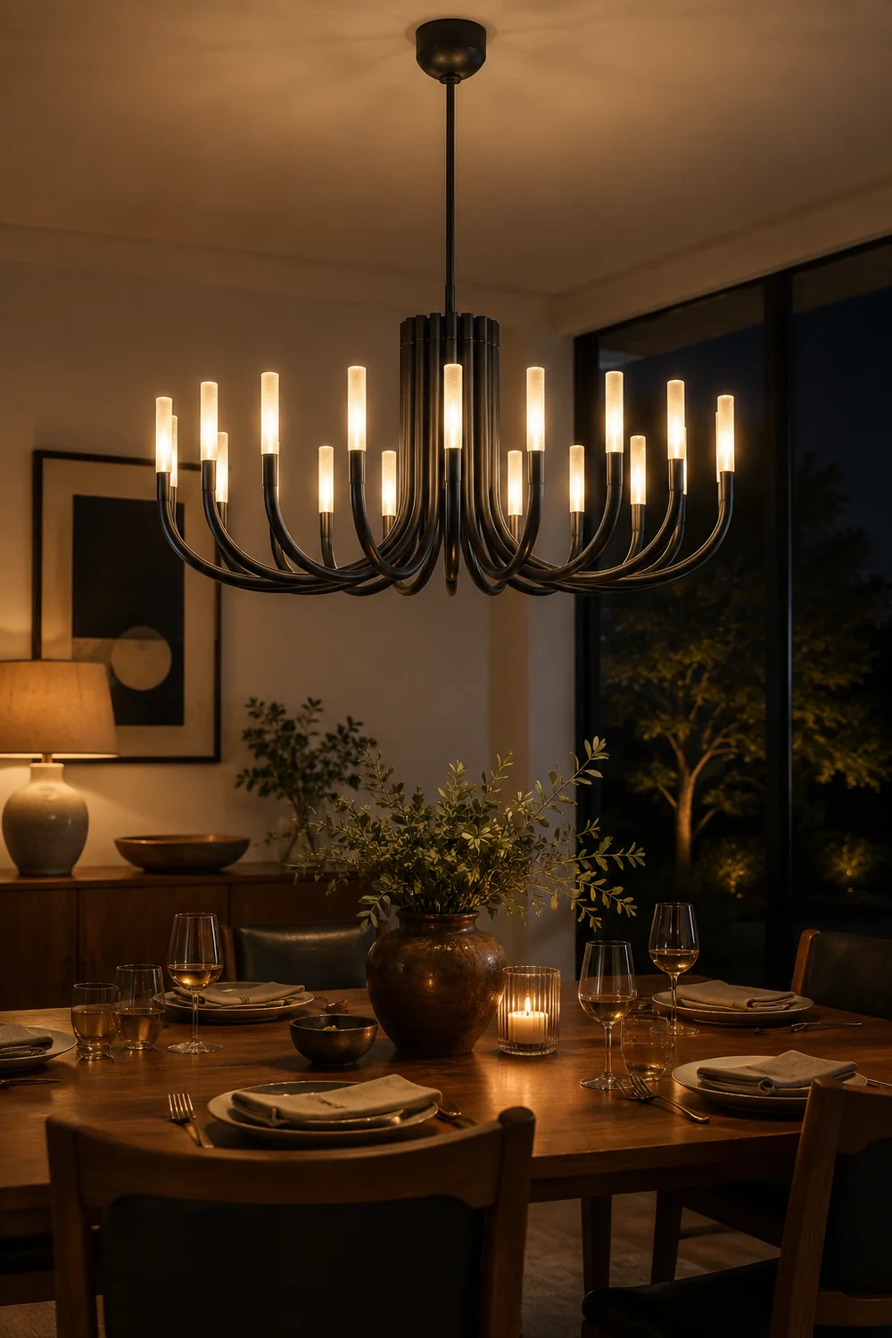 Rousseau Modern Black Linear Candle Chandelier - Lumpaz