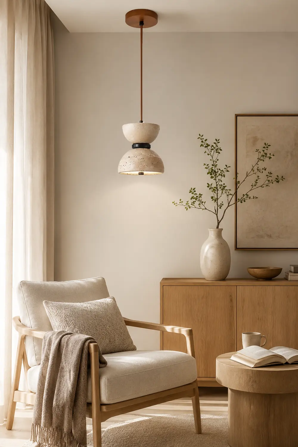 Japanese Style Double Bowl Travertine Pendant Light - Lumpaz