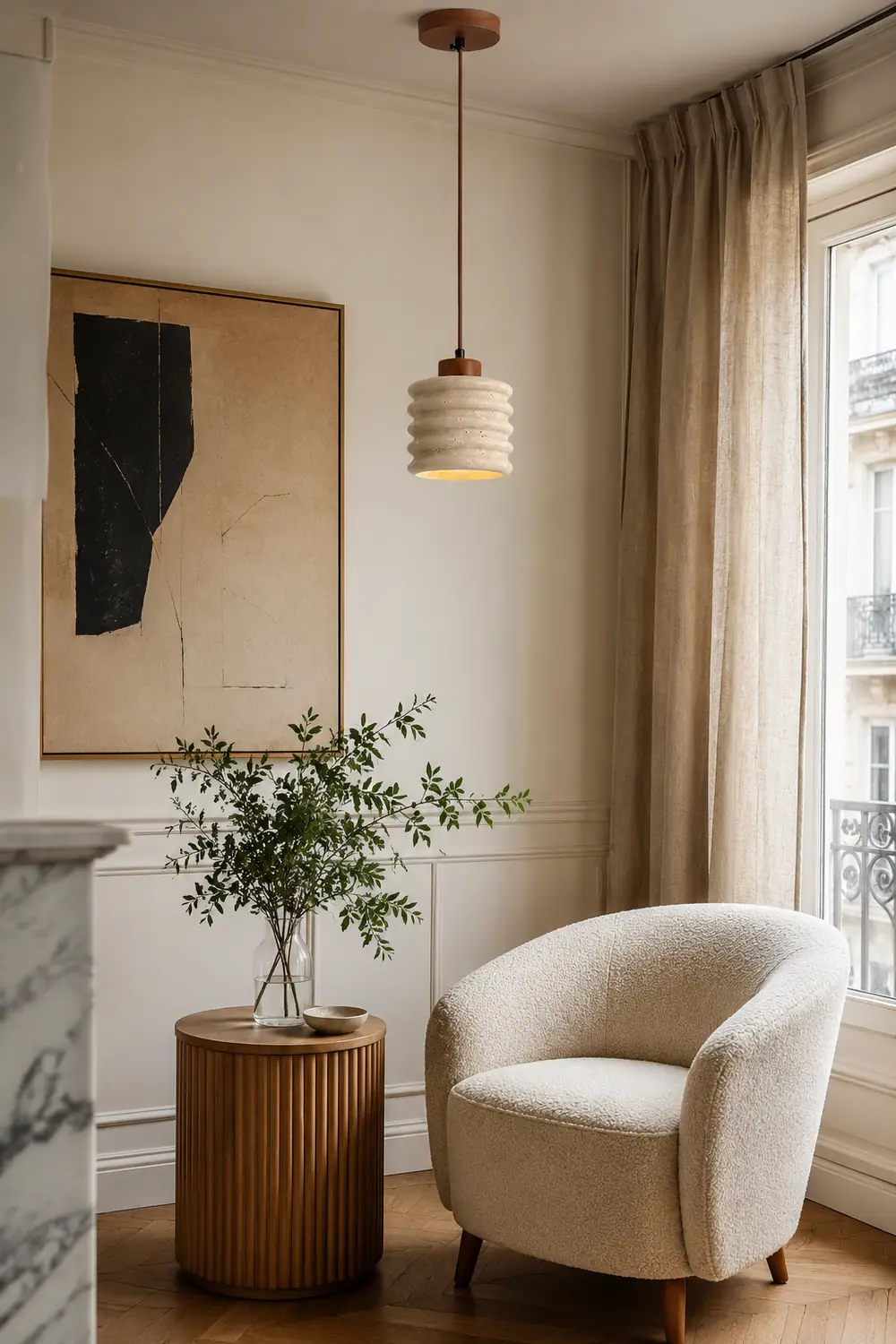 Rustic Travertine Cylinder Pendant with Wood Accent - Lumpaz