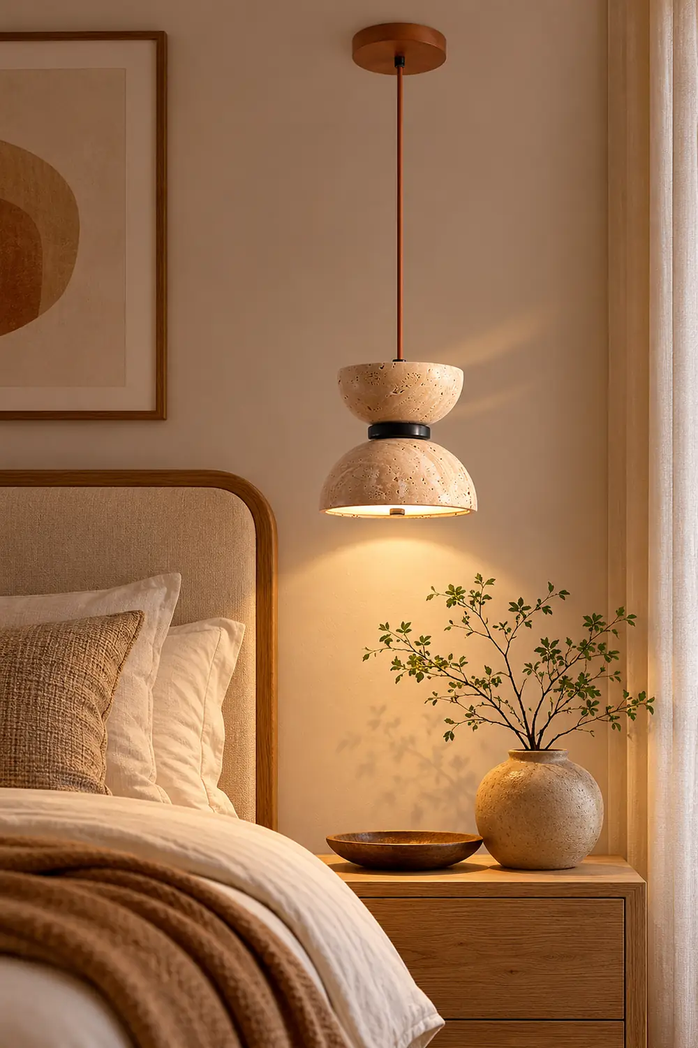 Japanese Style Double Bowl Travertine Pendant Light - Lumpaz