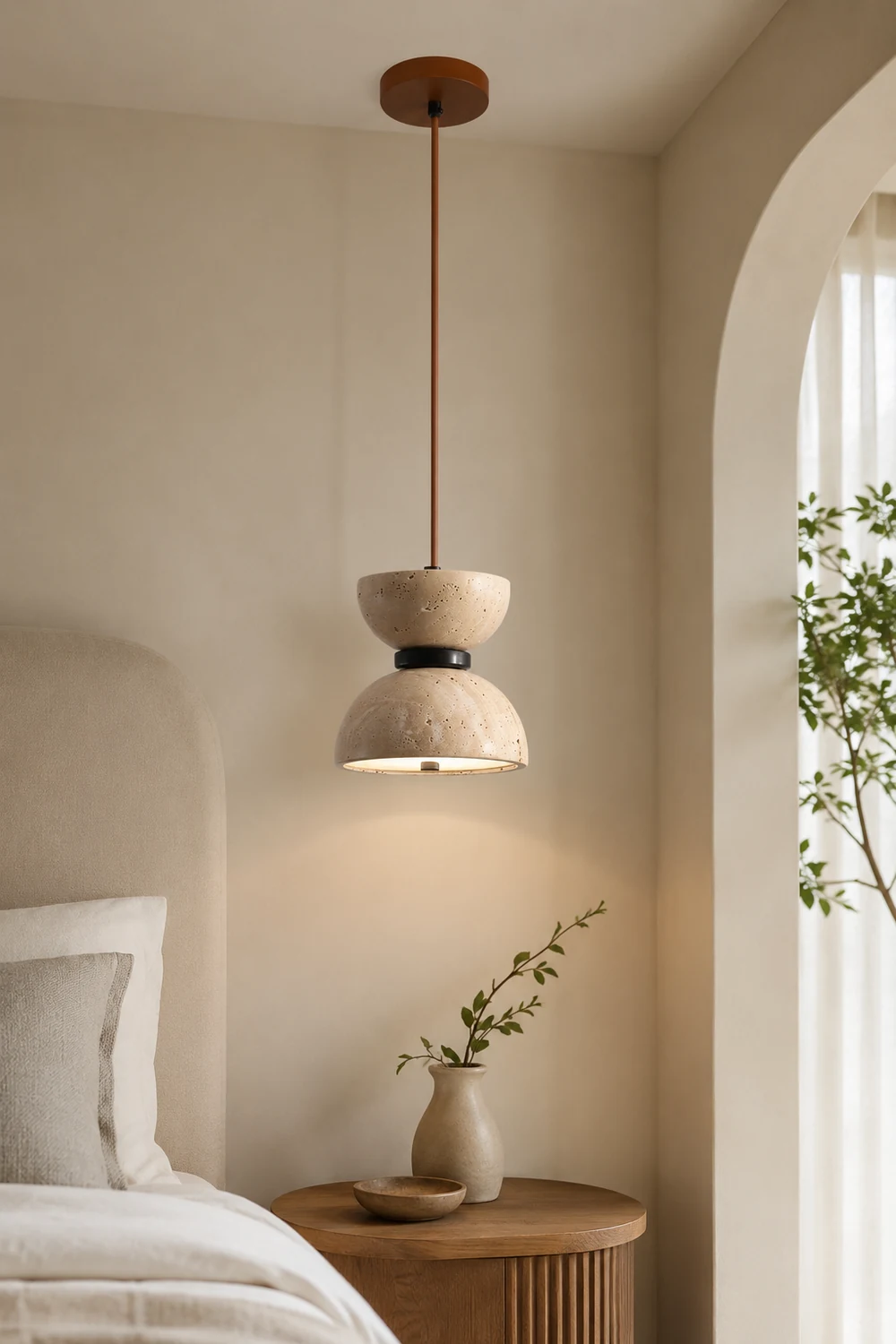 Japanese Style Double Bowl Travertine Pendant Light - Lumpaz