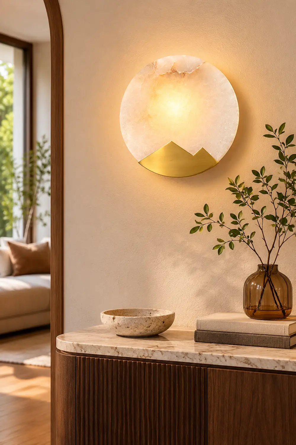 Brass and Alabaster Round Wall Light - Lumpaz