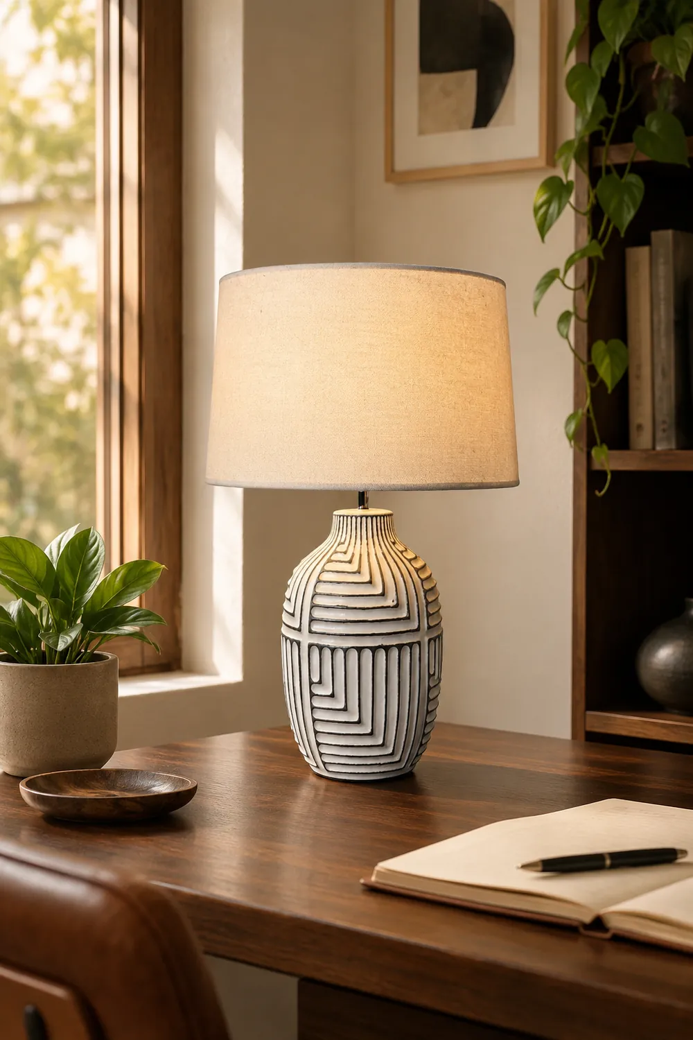 Retro rural woodcarving decorative fabric table lamp - Lumpaz