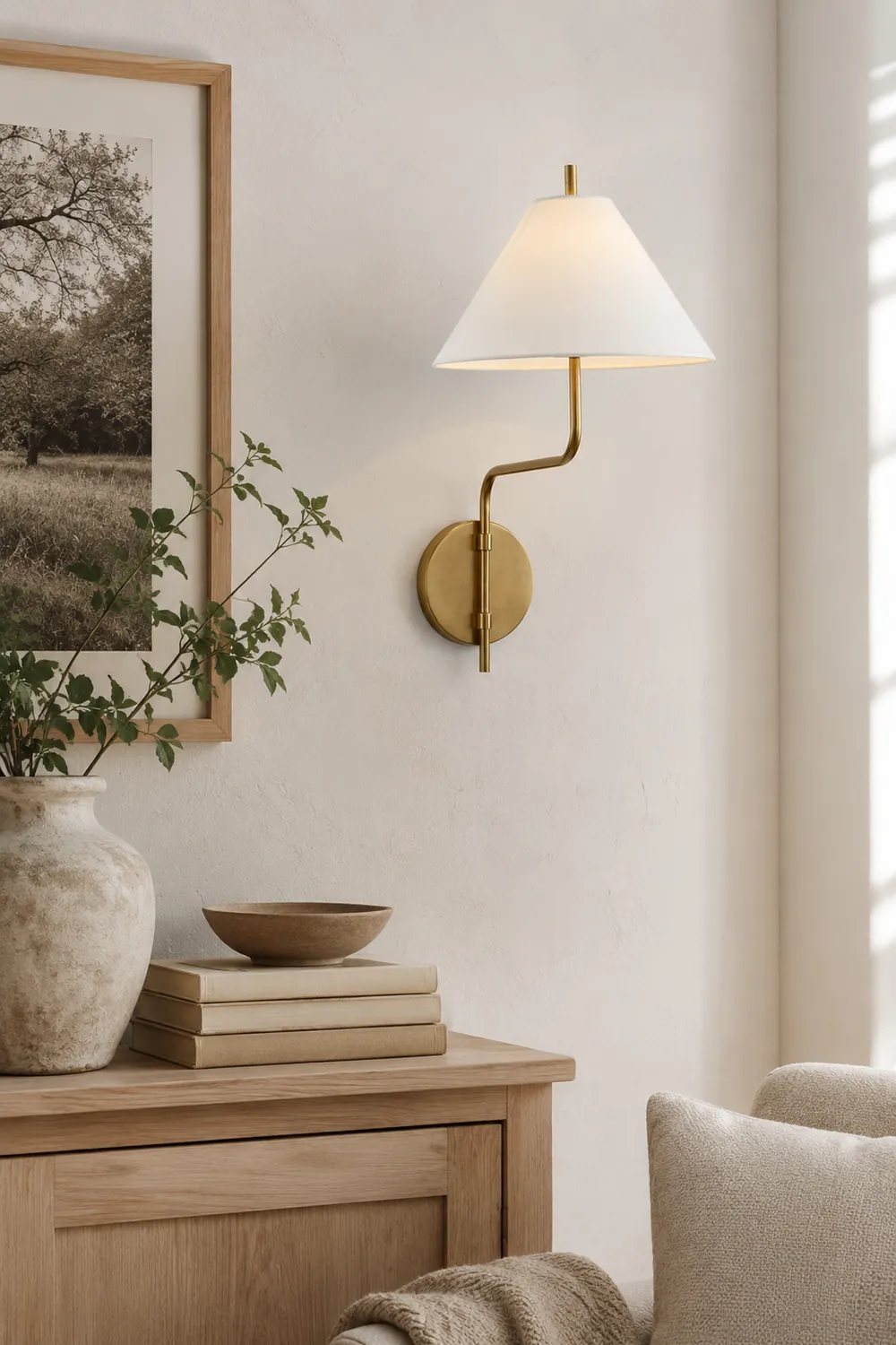 Fabric Lampshade Brass Curved Wall Lamp - Lumpaz