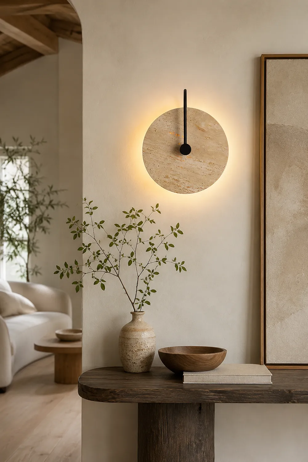 Minimalist Circular Travertine Wall Sconce - Lumpaz