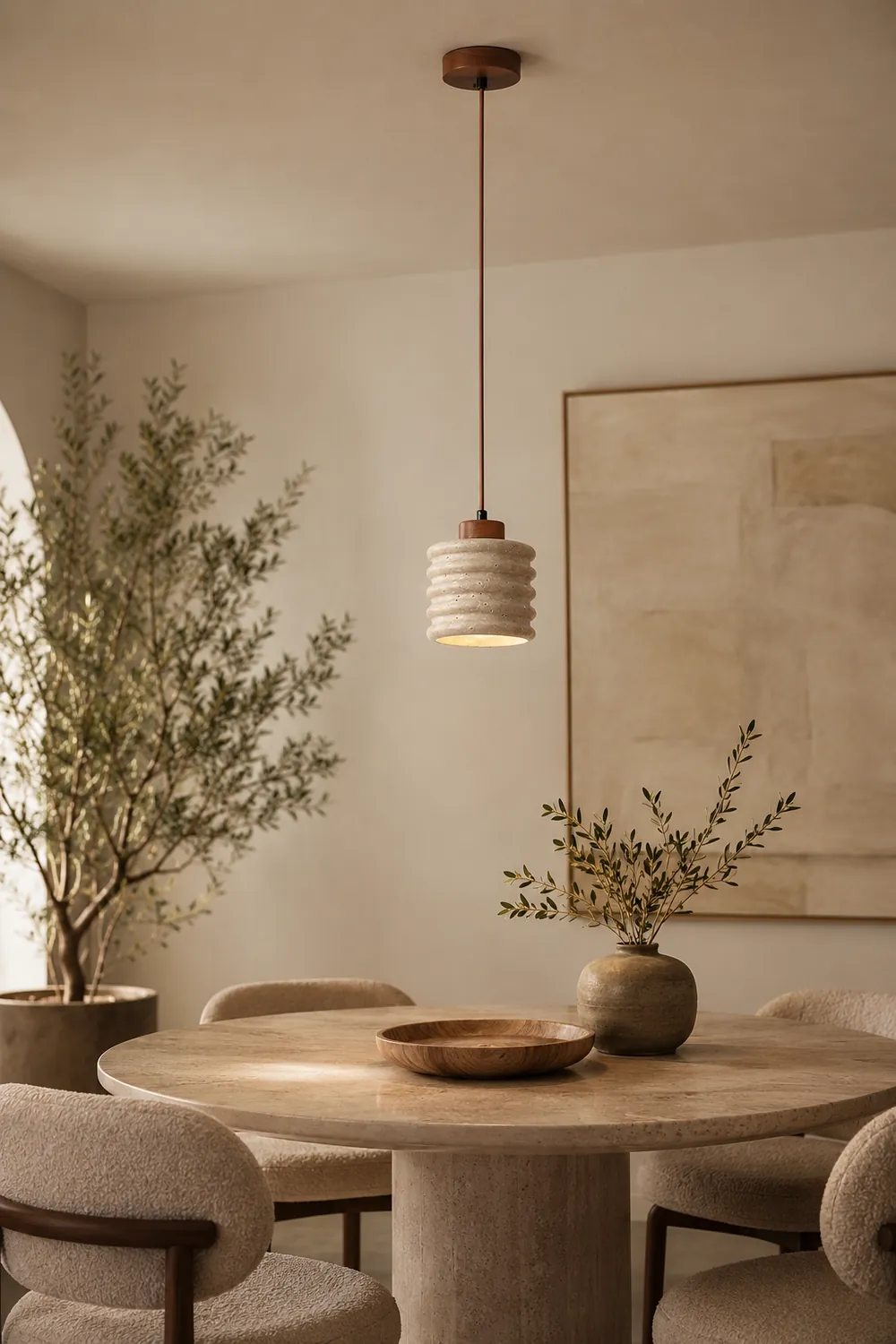 Rustic Travertine Cylinder Pendant with Wood Accent - Lumpaz