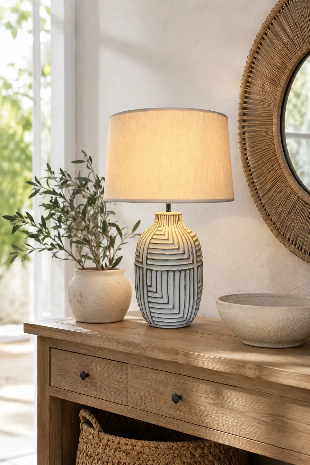 Retro rural woodcarving decorative fabric table lamp - Lumpaz