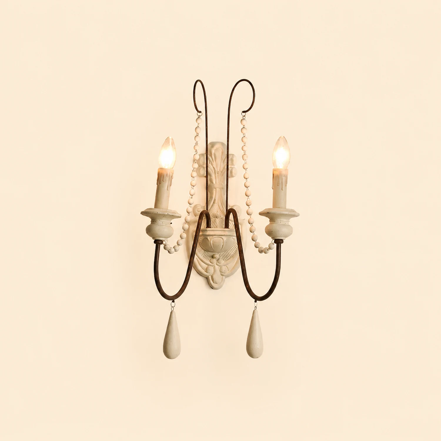 White Metal Wall Sconce with Wood Backplate and 2 Bulbs - Lumpaz