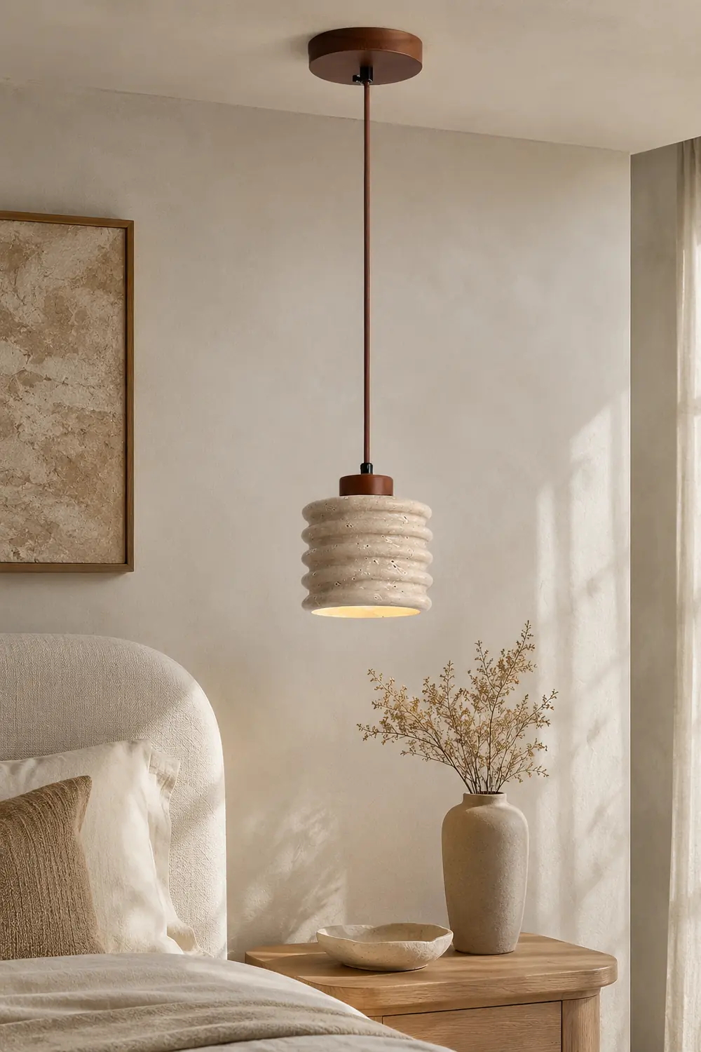 Rustic Travertine Cylinder Pendant with Wood Accent - Lumpaz