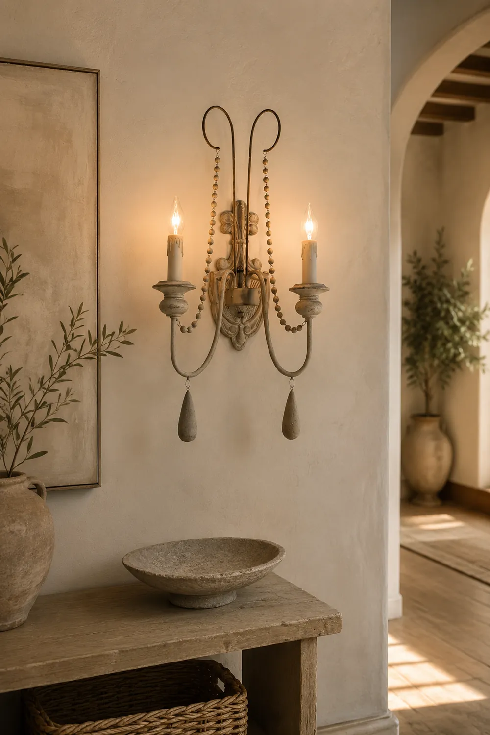 White Metal Wall Sconce with Wood Backplate and 2 Bulbs - Lumpaz