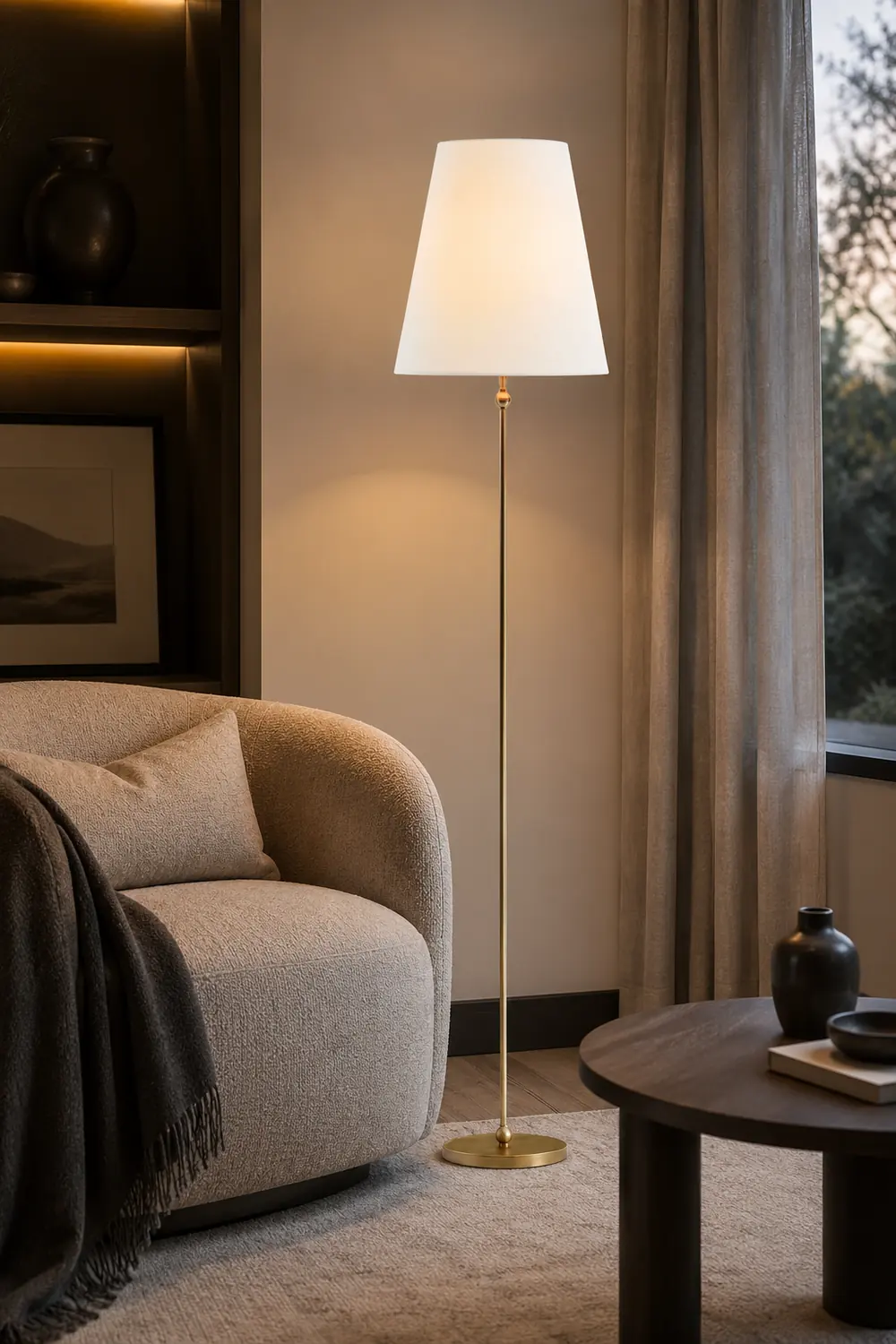 Minimalist Brass Floor Lamp with Fabric Shade - Lumpaz