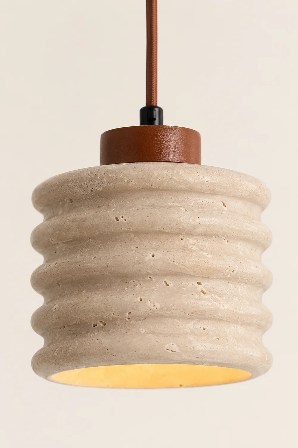 Rustic Travertine Cylinder Pendant with Wood Accent - Lumpaz