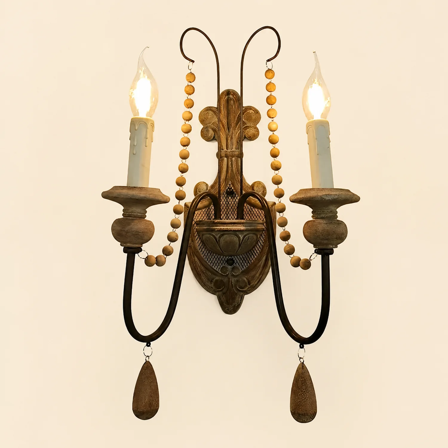 White Metal Wall Sconce with Wood Backplate and 2 Bulbs - Lumpaz